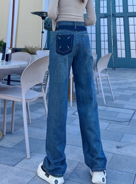 petty Elsa梨型身材加长牛仔裤女春春高腰宽松显瘦阔腿裤拖地直筒