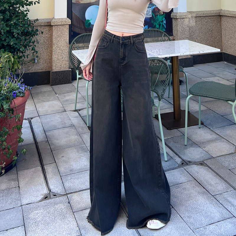 高个子女生加长设计感拖地牛仔裤