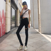 Elsa高个加长牛仔裤 女黑高腰破洞小脚长裤 春秋2025新款 petty 韩版