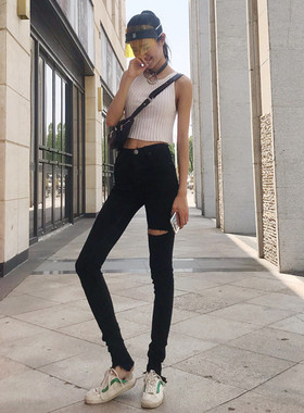 petty Elsa高个加长牛仔裤女黑高腰破洞小脚长裤春秋2025新款韩版