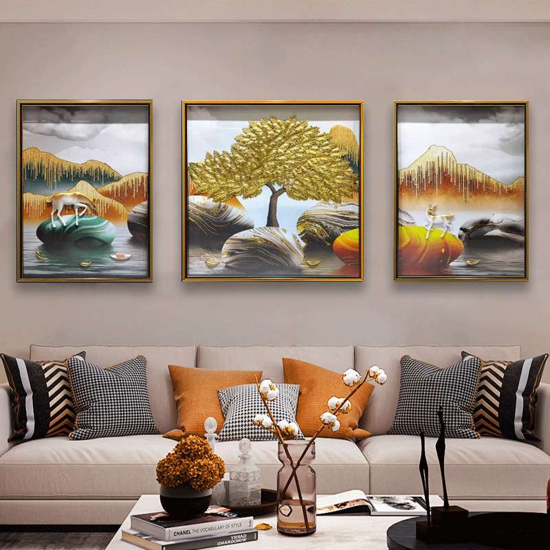 现代客厅装饰画手工实物画立体浮雕挂画石来运转山水风景鹿三联画图片