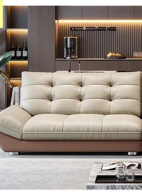 复古风简易客厅意式拼色帆船沙发轻奢高级感直排豪华加厚真皮沙发