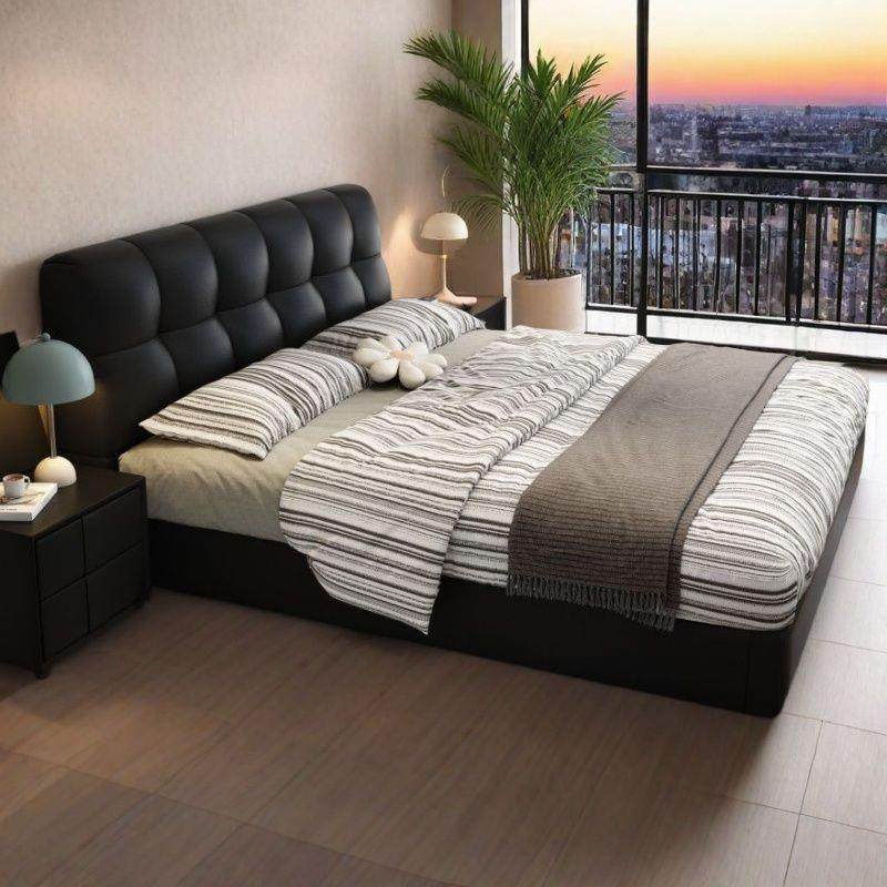 简约1.5米小户型婚床黑色泡芙软包储物床意式极简真皮床主卧现代