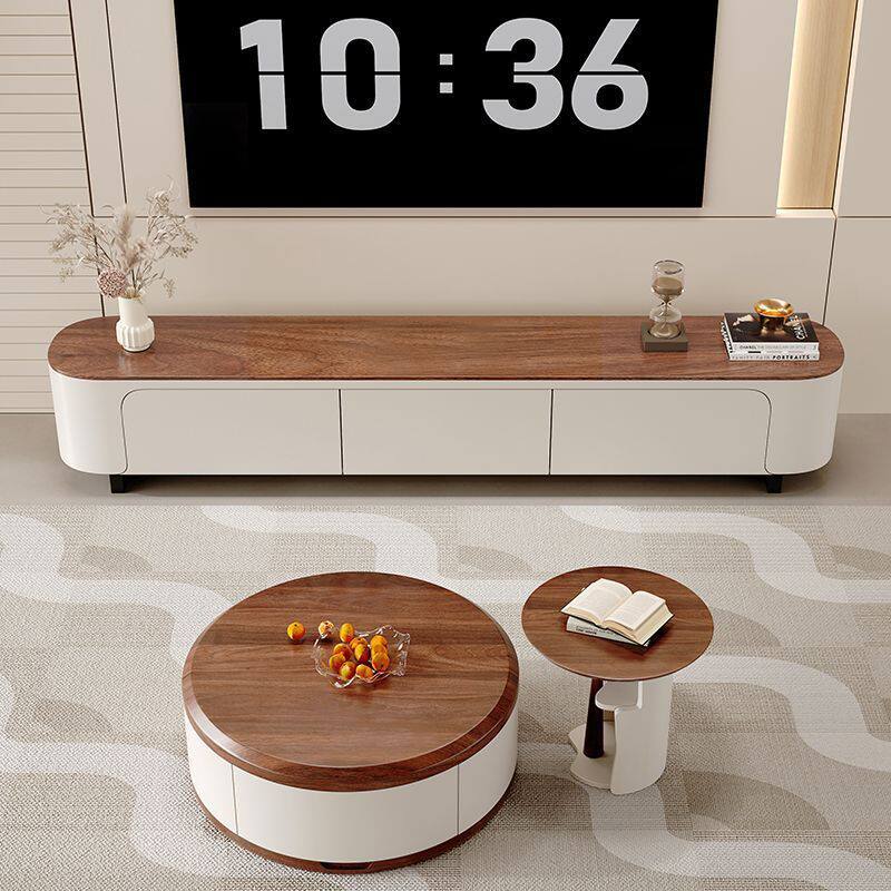 奶油风实木圆形茶几组合客厅家用2024新款轻奢简约现代茶几电视柜