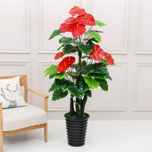大型室内仿真绿植摆件客厅玄关装饰假花红掌盆栽植物塑料盆景摆饰