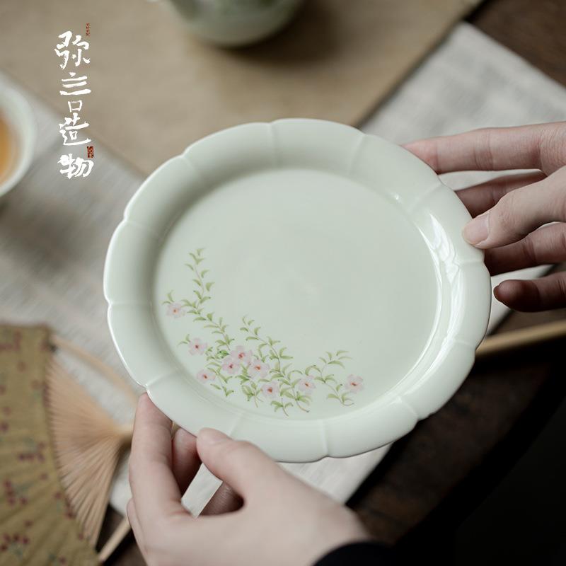 弥言白瓷手绘蔷薇壶承手工陶瓷花口茶台家用小型干泡盘日死茶点盘