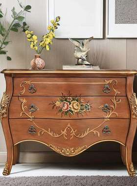 美式复古做旧三斗柜客厅隔断彩绘装饰柜实木雕花大容量收纳储物柜