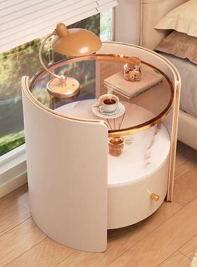圆形床头柜意式实木马鞍皮边几极简卧室家用现代收纳柜床边柜储物