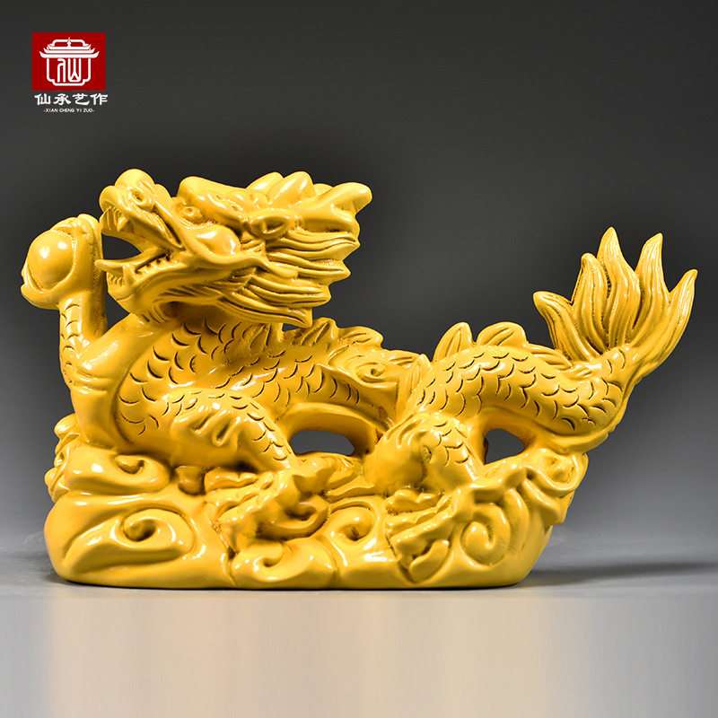 黄色木质龙雕刻摆件木制十二生肖木头飞龙装饰工艺品房屋缺角补角