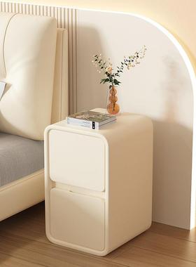 奶油风床头柜简约现代实木皮质床边柜小型超窄20cm极简迷你收纳柜