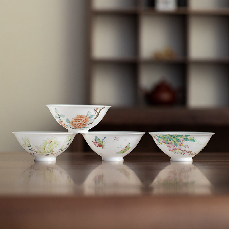 白皙玉泥手绘蝴蝶主人杯德化白瓷斗笠杯家用品茗杯茶盏薄胎茶杯