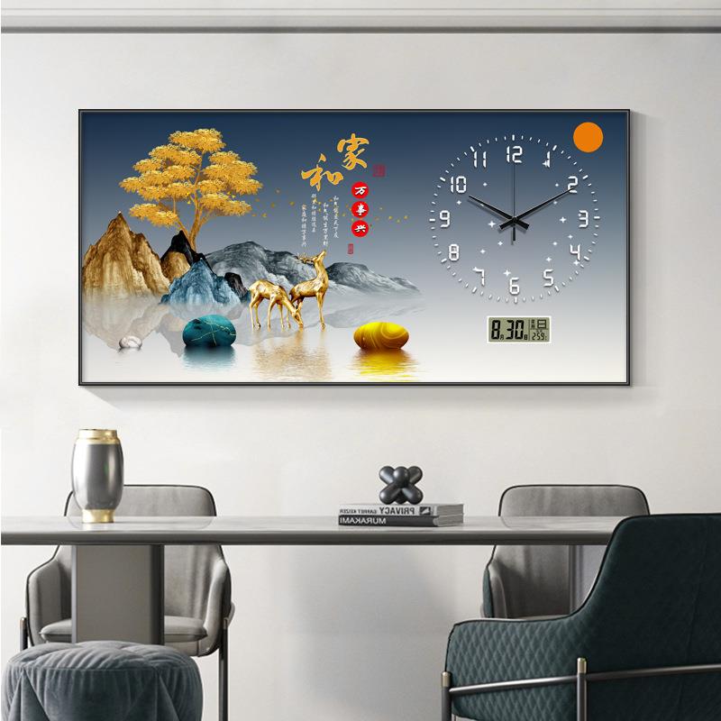 万年历电表箱装饰画新中式大尺寸麋鹿山水风景钟表遮挡配电箱挂画