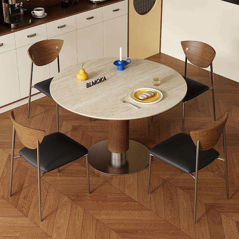 小咖实木胡桃色餐桌圆桌家用小户型洽谈中古风洞石岩板餐桌组合