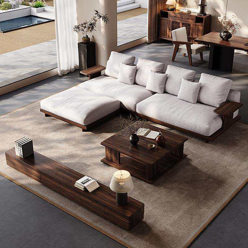 宋式美学北美黑胡桃实木软靠沙发新中式客厅布艺生态真皮直排沙发