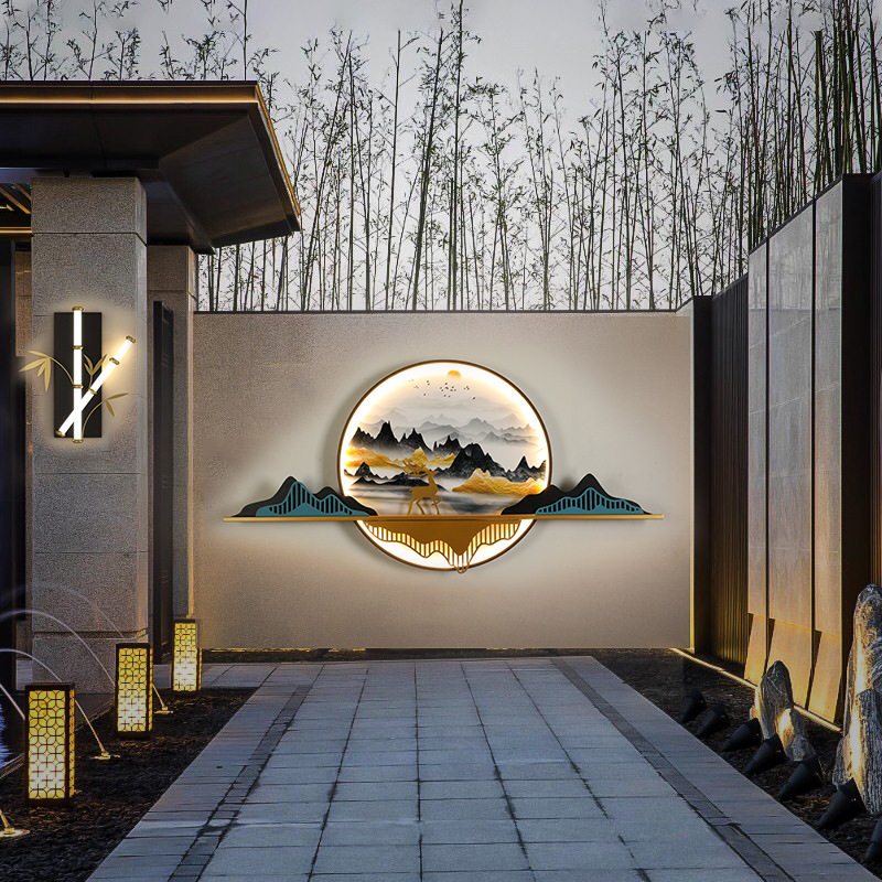 新中式户外壁灯防水太阳能别墅花园庭院外墙大门山水画景观装饰灯