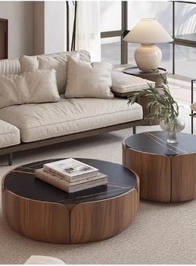 中古风花瓣圆形茶几组合意式极简客厅小户型创意岩板胡桃木茶几