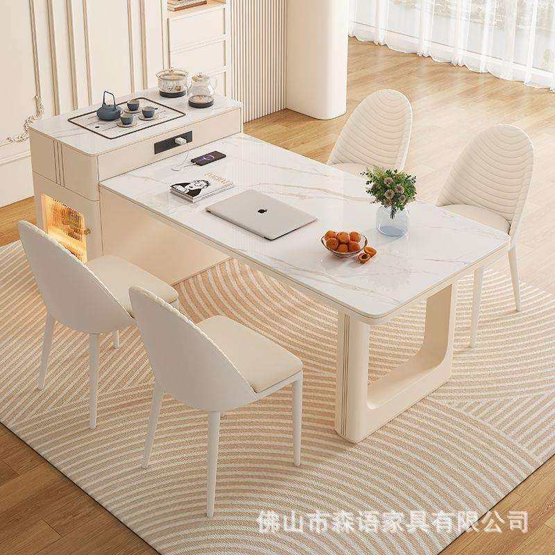 奶油伸缩岛台岩板茶桌餐桌一体餐桌椅轻奢简约家用现代小户型桌子