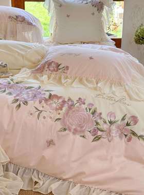 唯美公主风100支全棉磨毛四件套花卉刺绣纯棉被套床单