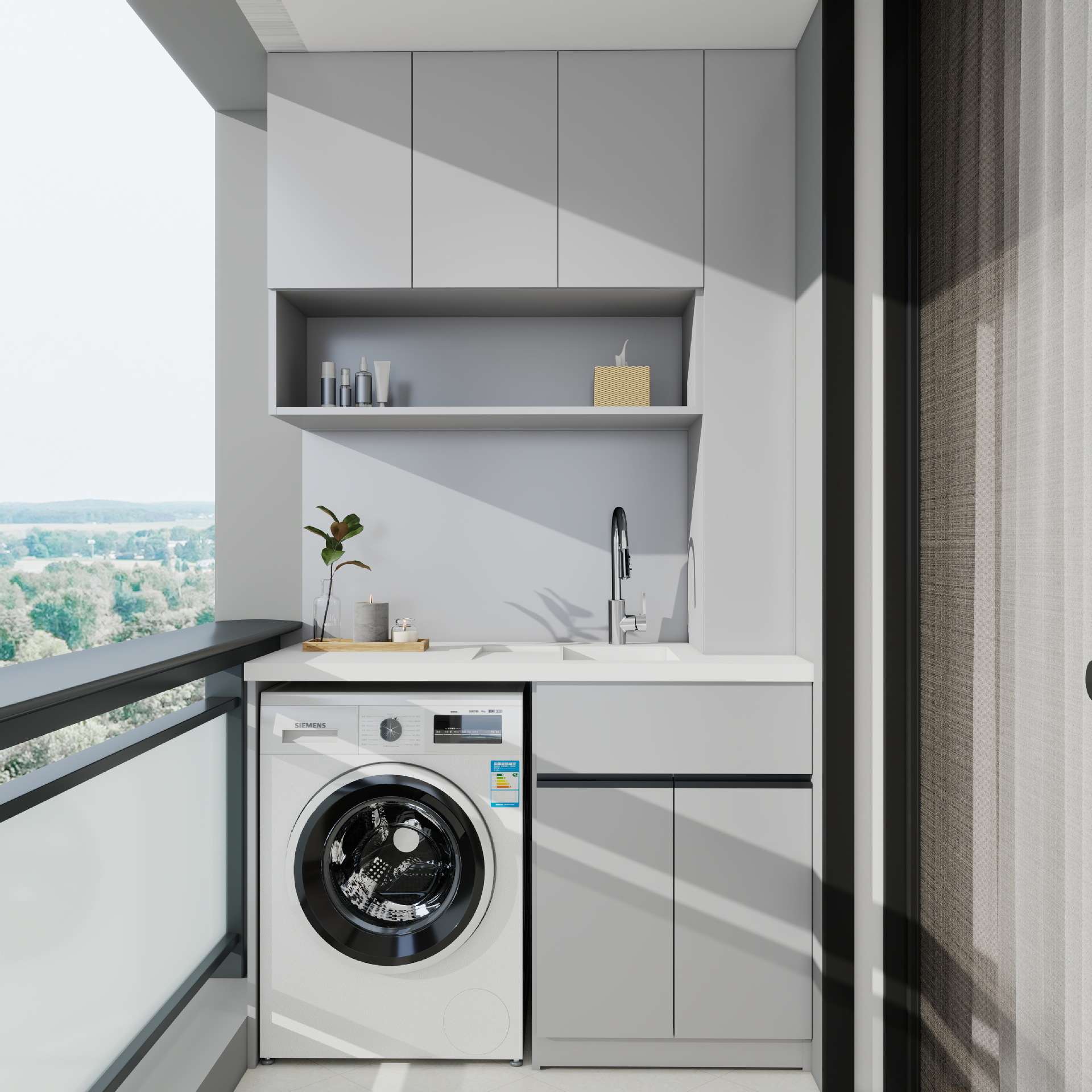 全铝蜂窝板阳台单机柜(款式2)带搓衣板石英石一体台盆洗衣机柜阳