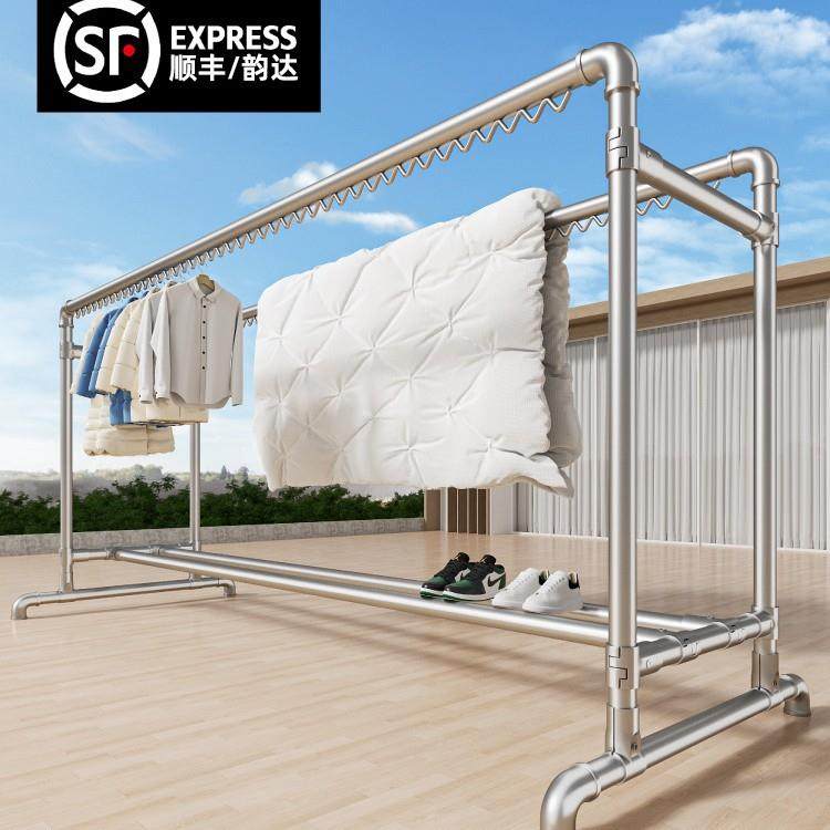 镀锌钢管晾衣架落地家用阳台挂衣户外室外简易双杆水管凉衣晒被子