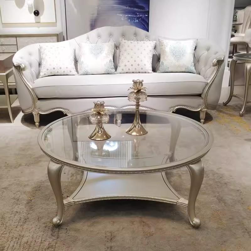 美式轻奢整装圆形茶几家用客厅实木镂空茶桌现代简约钢化玻璃茶台