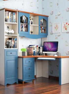 电脑桌书桌带书架组合地中海家用台式转角书桌写字台儿童学习桌