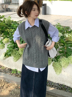 灰色圆领针织马甲背心女春秋设计感小众叠穿无袖麻花毛衣马夹外搭