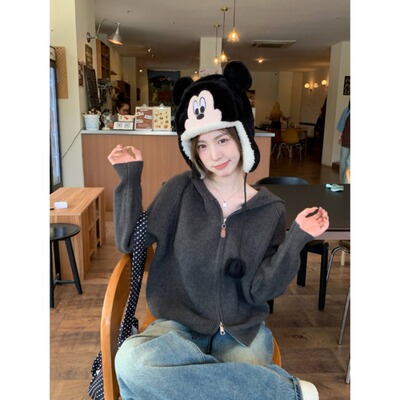 韩版宽松简约双拉链针织连帽开衫