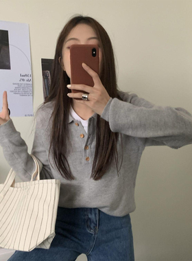 韩版灰色Polo领长袖针织衫女秋冬新款宽松上衣翻领慵懒风软糯毛衣