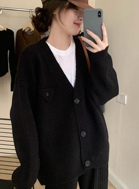 韩版灰色V领针织开衫外套女春秋外穿宽松慵懒毛衣高级感软糯上衣