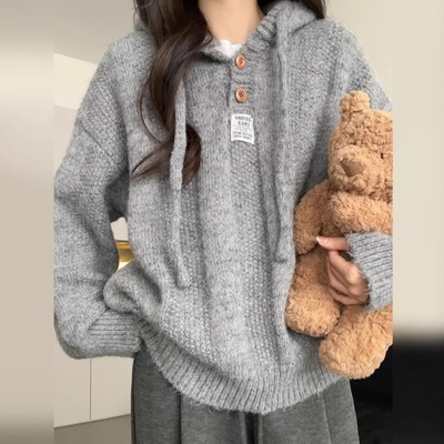 慵懒风灰色连帽卫衣毛衣长袖上衣