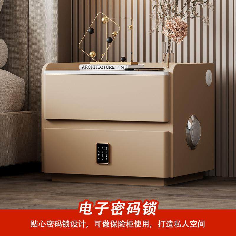 多功能智能实木床头柜卧室无线充音响密码锁床边柜大容量收纳柜子