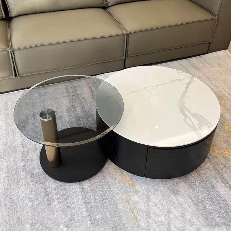 3x岩板大小圆实木茶几组合简约现代客厅设计师旋转圆形玻璃茶几in