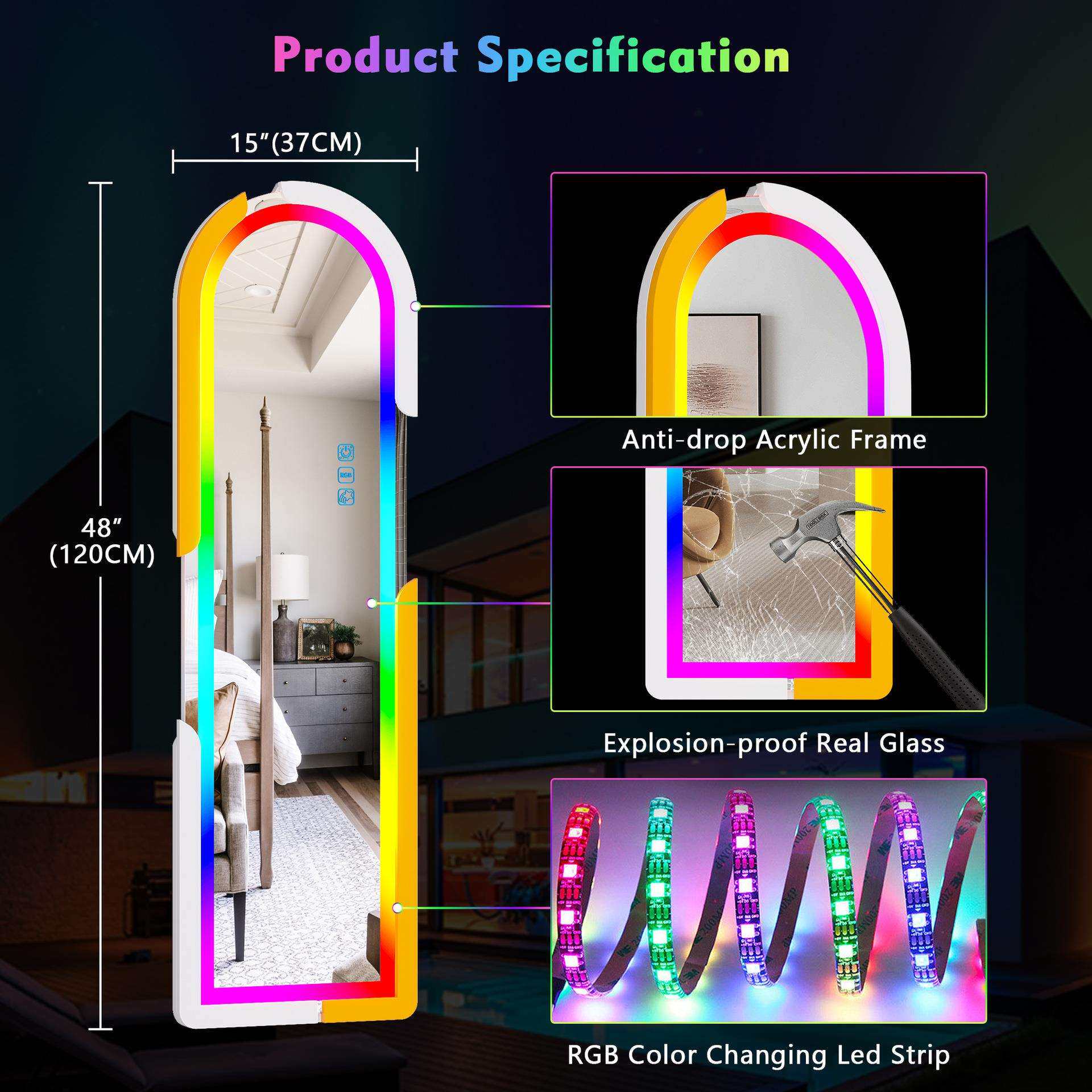 RGBLED全身镜，壁挂式悬挂镜24色可调光，过门镜拱形全身照明镜