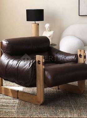 美式复古轻奢客厅实木沙发椅中古风皮艺休闲椅整装高端接待洽谈椅