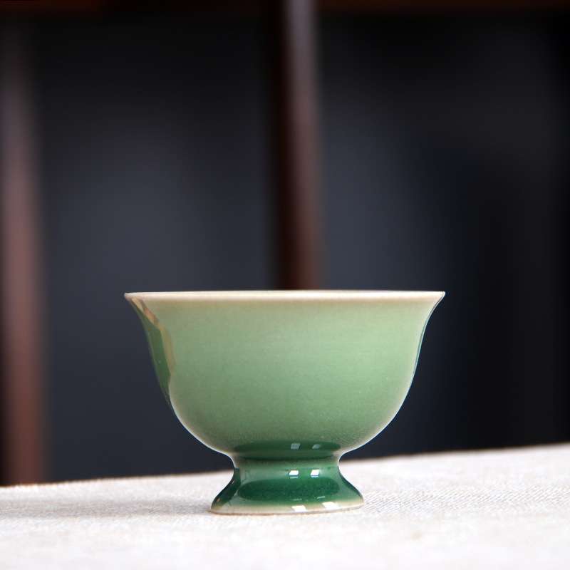 梅子青秘色釉越窑中式贵妃高脚茶杯青瓷高足复古品茗杯主人杯单杯