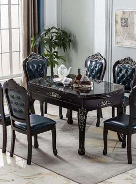 可变圆桌伸缩折叠餐桌椅组合大理石圆形轻奢欧式饭桌黑色实木桌子