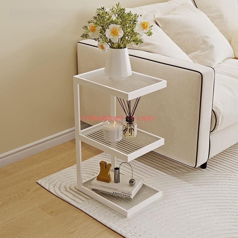 客厅沙发家用落地置物架极窄床头柜轻奢置物架边几奶油风玻璃角几