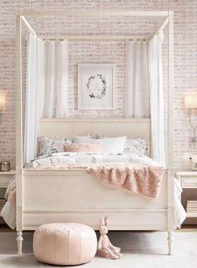 RH美式乡村实木公主床法式复古白单人床儿童床1.2米架子床橡木雕