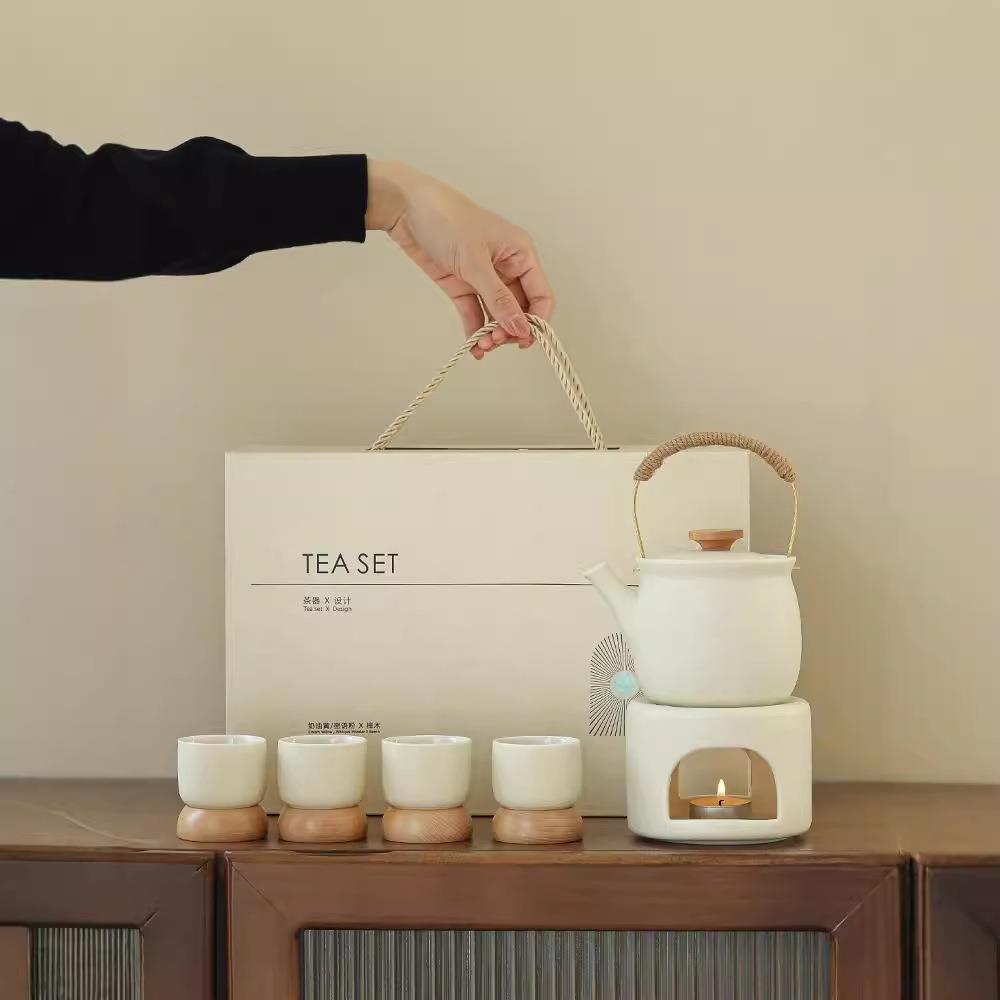 奶油风茶具套装提梁壶陶瓷家用茶壶茶杯围炉煮茶蜡烛温茶炉泡茶器