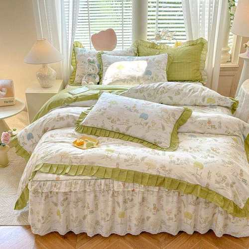 韩版花边纯棉被套四件套100纯棉小清新亲肤全棉斜纹床裙四件套棉