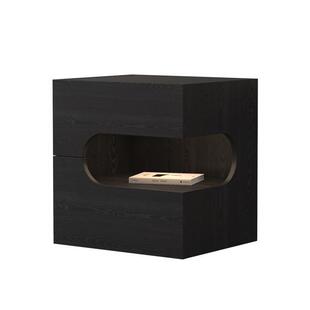 意式轻奢极简实木床头柜带灯卧室储物柜床头边柜黑色胡