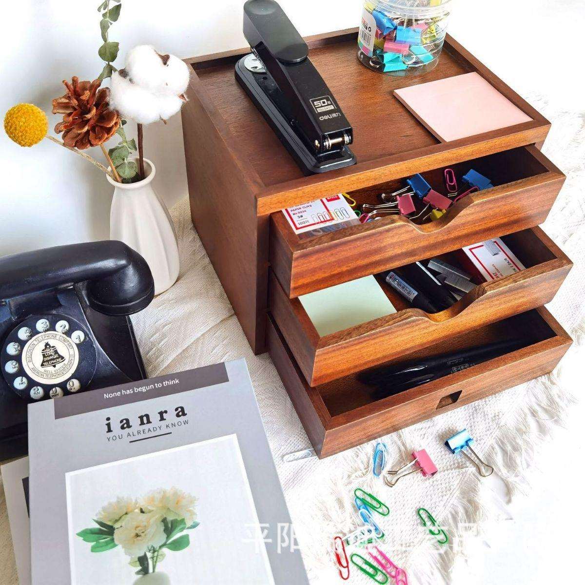 实木三层抽屉柜收纳盒桌面多层核桃木收纳柜三格办公储物柜