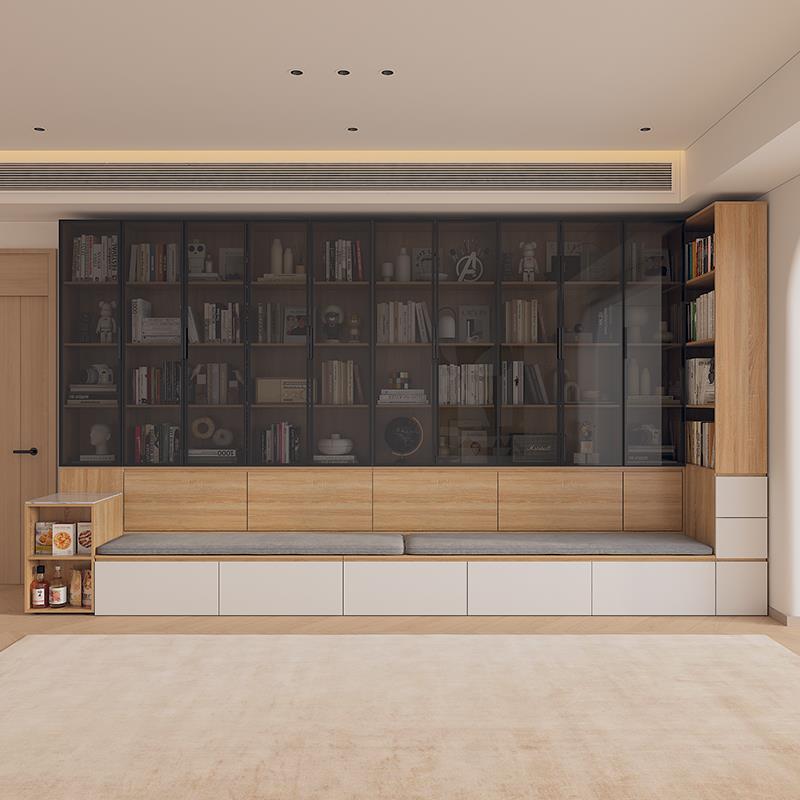 7K定制去客厅书柜一体整墙带边柜沙发储物柜卡座尺寸定做书橱书