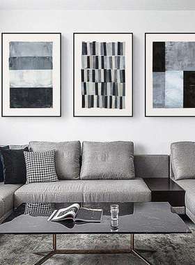 现代简约客厅装饰画抽象马赛克图案蓝灰色三联挂画墙画