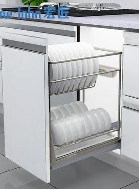 拉篮碗架沥水架厨房抽屉式橱柜调味料收纳竖拉蓝多功能置物架