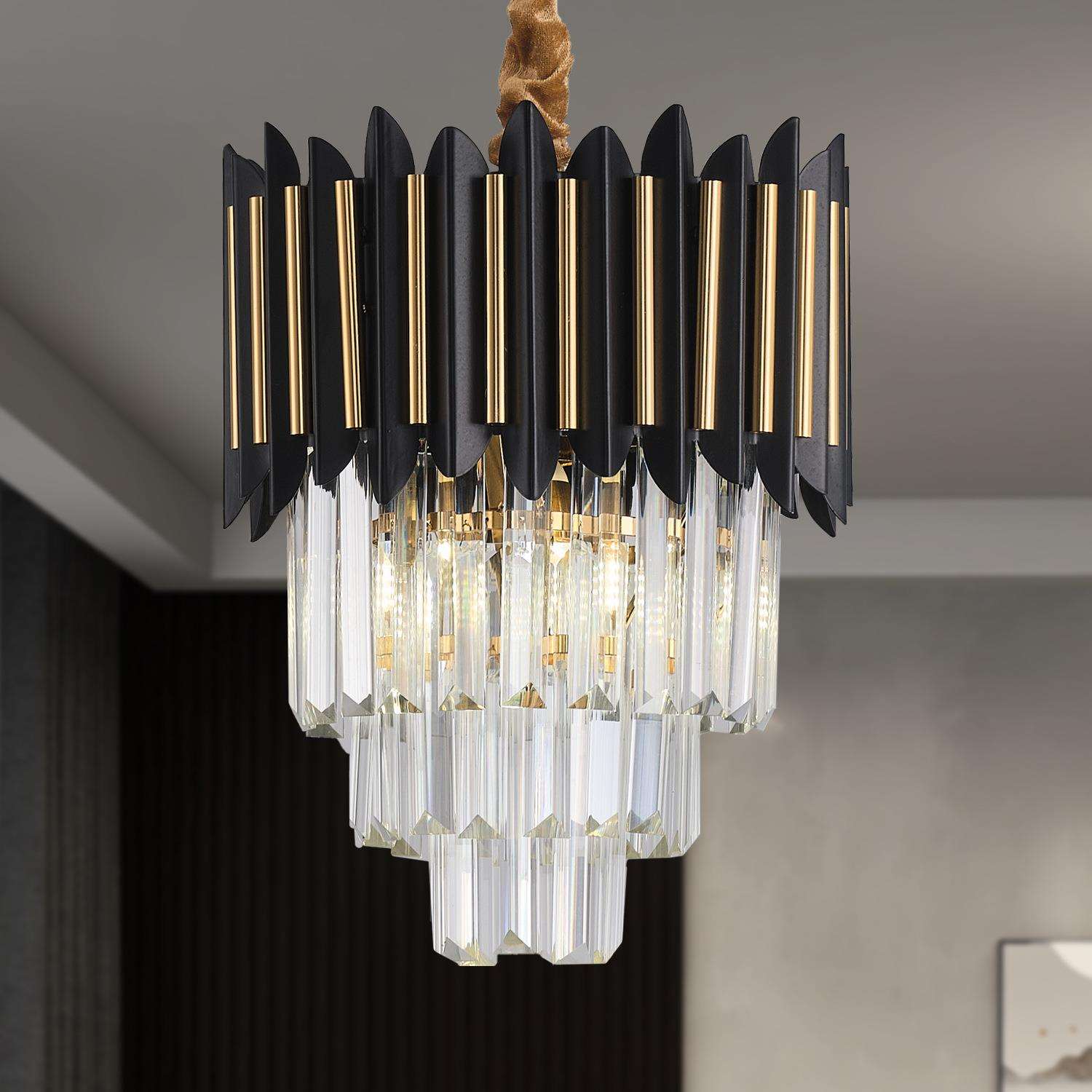 法式轻奢水晶吊灯黑金色床头小吊灯客厅吊灯中山灯具餐厅吊灯