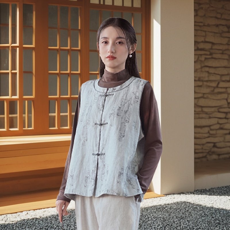 新中式秋季新款气质亚麻祥云印花马甲女国风复古盘扣背心外穿上衣