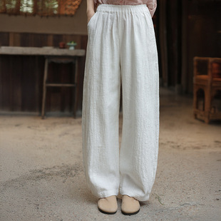 鹿与安笛春季新款棉麻裤子宽松百搭苎麻休闲裤新中式修身直筒裤女
