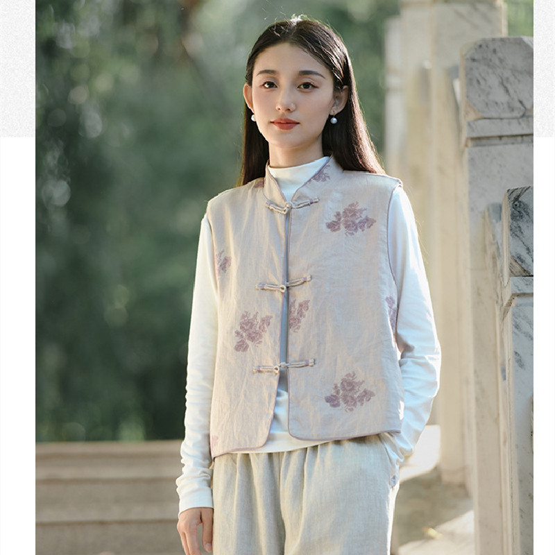 新中式秋季新款气质印花亚麻马甲女外穿国风复古盘扣背心坎肩马夹
